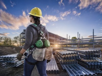 Construction site with steel flooring in front of a  partially erected building at sunset